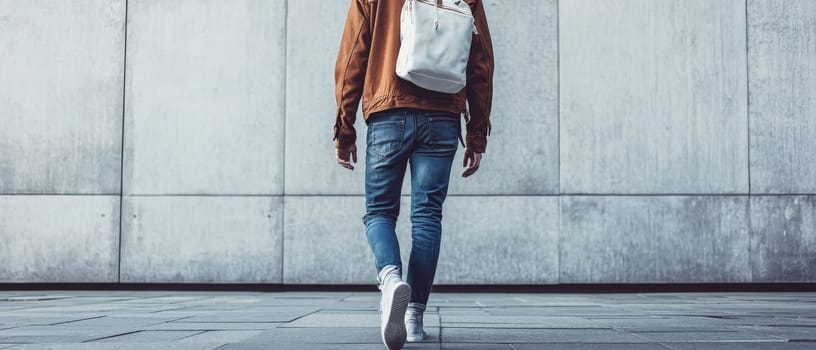 Rear view of man in brown jacket and jeans walking on tiled floor against concrete wall, showcasing urban street style and modern architecture.