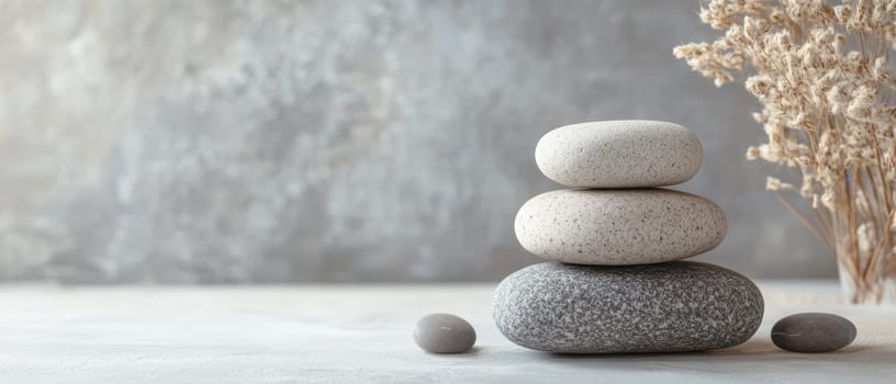 Stack of smooth zen stones with dried flowers against neutral background, symbolizing balance, harmony, and mindfulness in spa or meditation setting.