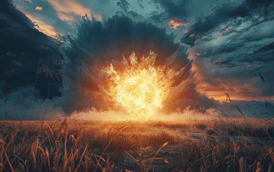 A dramatic nuclear explosion illuminates a dark, cloudy sky over a serene, misty field at dusk
