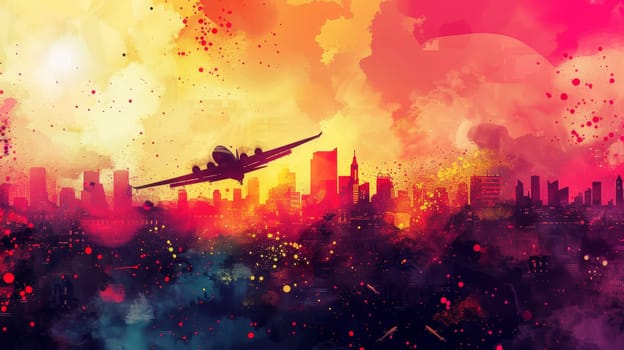 A painting of a small airplane flying over a city at night. There are explosions below the plane, casting light on the dark clouds