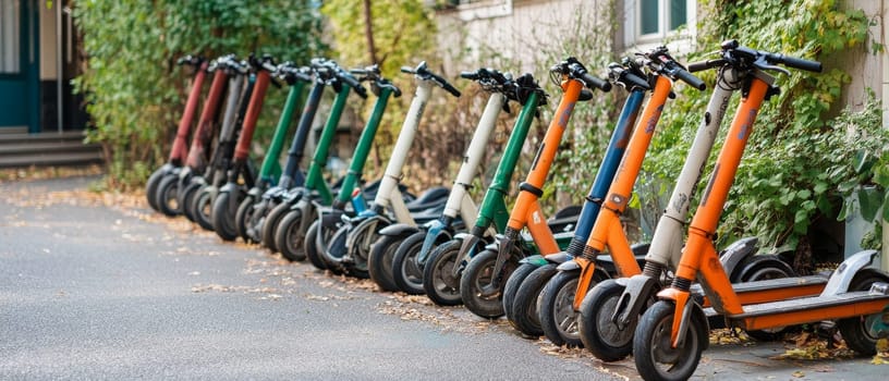 Row of multicolored electric scooters lined up on urban sidewalk, representing modern eco friendly transportation and shared mobility concept.