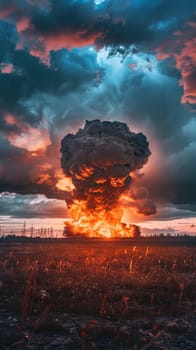 A dramatic nuclear explosion illuminates a dark, cloudy sky over a serene, misty field at dusk