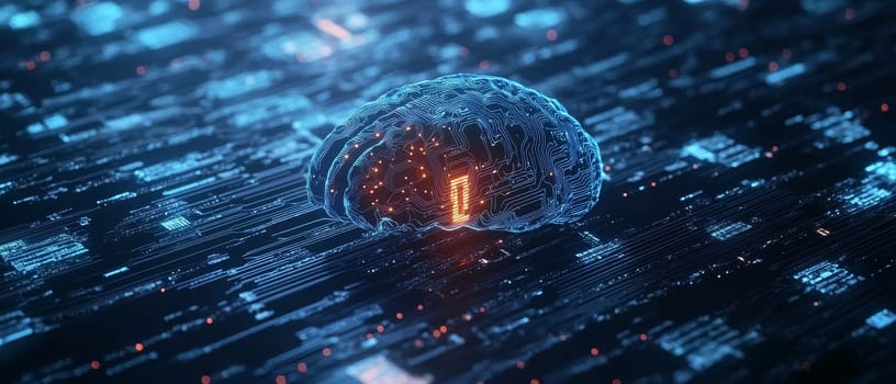Digital visualization of a brain made of glowing circuits on dark background, representing artificial intelligence and machine learning technology.