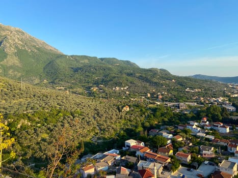 Top view Aerial view of Muslim neighborhood with mosque in city of Bar in Montenegro