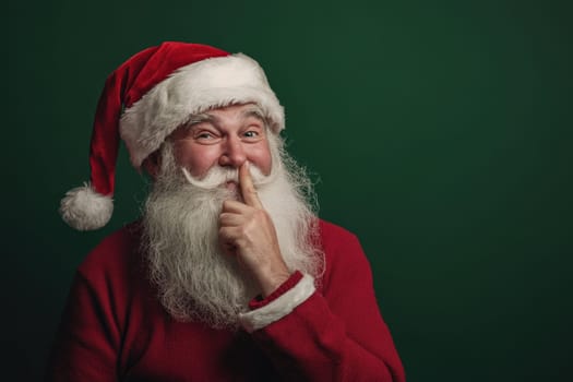 Santa Claus wearing a red outfit and hat playfully gestures for silence with a smile embodying holiday cheer in a cozy atmosphere.