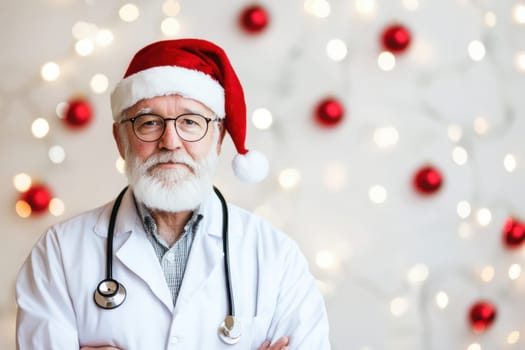 An elderly doctor in a Santa hat stands confidently against a festive backdrop of holiday decorations and lights spreading joy.