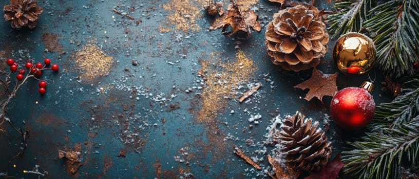 A collection of pine cones colorful ornaments and festive greenery are arranged on a rustic surface evoking a cozy holiday atmosphere.