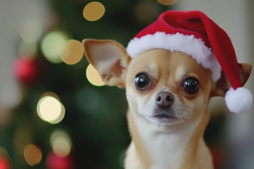 A small dog dressed in a Santa hat poses adorably against a blurred Christmas tree background filled with festive decorations.