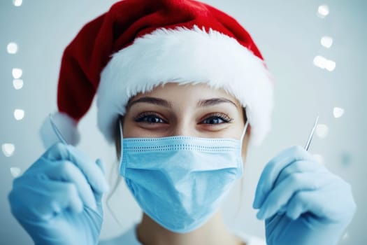 A young dental professional smiles wearing a Santa hat and mask while holding dental instruments in a festive environment.
