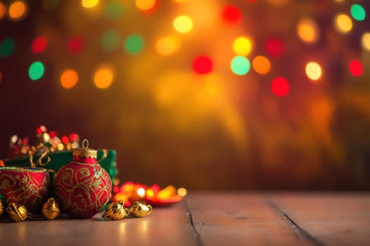 Ornate red and gold decorations rest on a wooden surface illuminated by soft colorful lights creating a warm festive atmosphere.