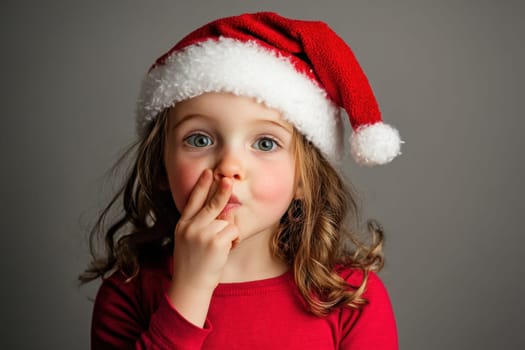 A young child wearing a Santa hat poses playfully with a finger to their lips creating a delightful moment in a cozy indoor setting.