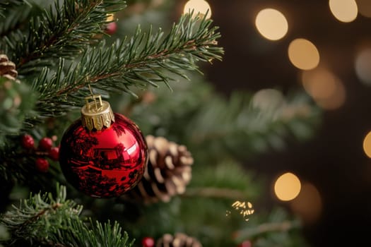 A beautiful red ornament is delicately placed on a Christmas tree surrounded by pine branches and soft glowing lights in the evening.