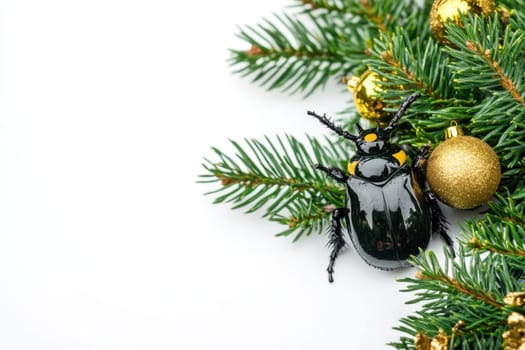 A black beetle is perched on pine branches adorned with golden ornaments during the holiday season highlighting natures beauty.