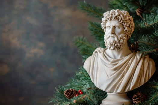 A classic marble bust of a philosopher is decorated with Christmas greenery and pine cones blending art and festive spirit in a cozy setting.