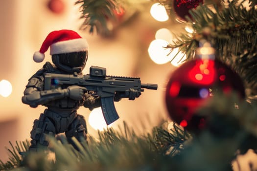 A toy soldier dressed in a Santa hat stands among Christmas decorations holding a weapon while colorful lights twinkle nearby.