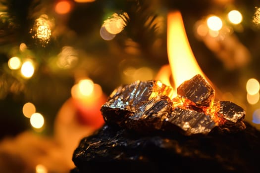 Bright embers burn warmly as holiday lights twinkle in the background creating a cozy winter atmosphere.