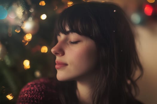 A woman with a serene expression sits beside a beautifully decorated Christmas tree enveloped in a cozy holiday atmosphere.