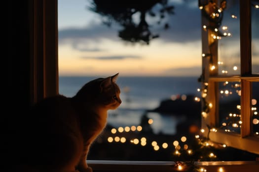 A cat sits on a windowsill watching the sunset over a coastal landscape adorned with twinkling lights.