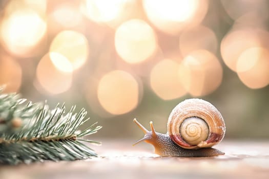 A snail glides across a wooden surface alongside a pine branch with soft golden bokeh lighting in the background creating a serene atmosphere.