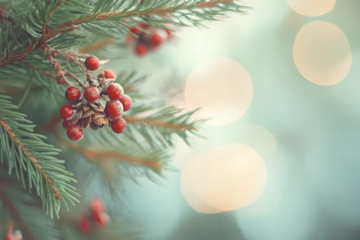 Frosted red berries cling to a green pine branch set against a softly blurred winter background filled with bokeh lights.