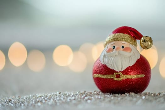 A cheerful Santa decoration sits surrounded by soft sparkling lights during a cozy holiday atmosphere.
