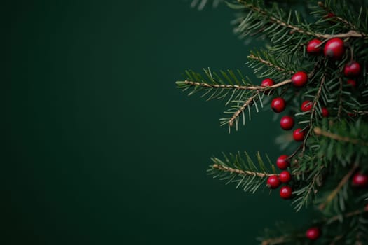 A close up of a pine branch with vibrant red berries set against a dark green background evoking a festive winter atmosphere.