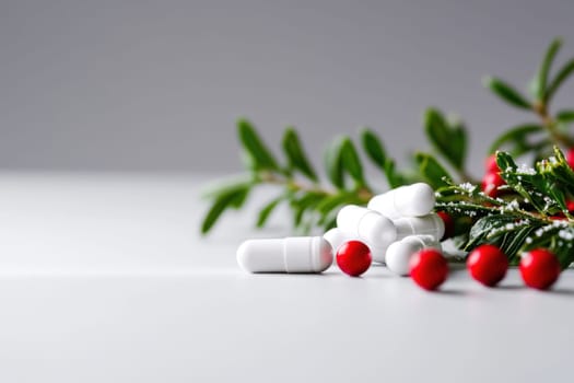 A cluster of white capsules sits beside vibrant red berries and greenery creating a striking contrast on a light surface.