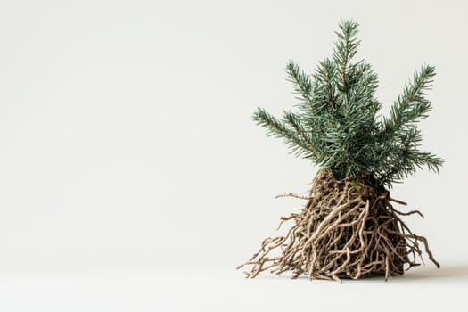 An evergreen plant showcases its lush branches and intricate root system highlighting the natural beauty of the flora against a neutral background.