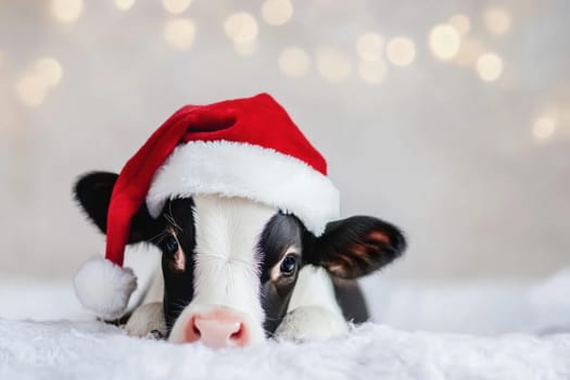 A playful calf rests on a soft surface wearing a festive Santa hat embodying the spirit of winter celebrations.