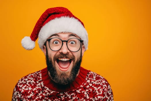 A man wearing a Santa hat and festive sweater expresses excitement and joy with a big smile against a bright yellow background.