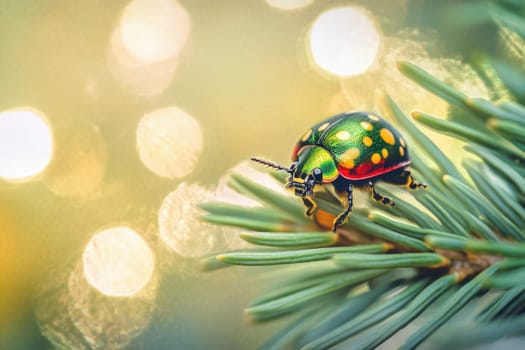 A vibrant beetle with green and yellow spots is perched on a pine branch surrounded by a softly blurred background during dusk.