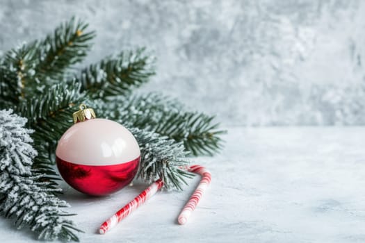 A festive Christmas ornament in red and white rests near candy canes and frosted pine branches on a light marble surface.