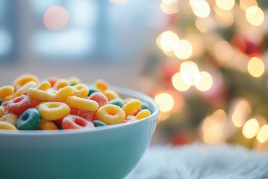 A bowl filled with vibrant cereal sits on a soft surface while festive Christmas lights sparkle in the blurred background.