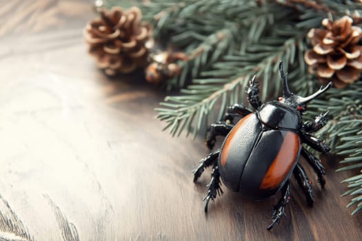 A beetle rests on a pine branch beside natural pine cones showcasing the beauty of winters small creatures and greenery in the forest.