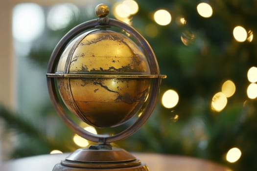 A beautiful golden globe rests on a wooden table surrounded by soft glowing lights during a festive season.
