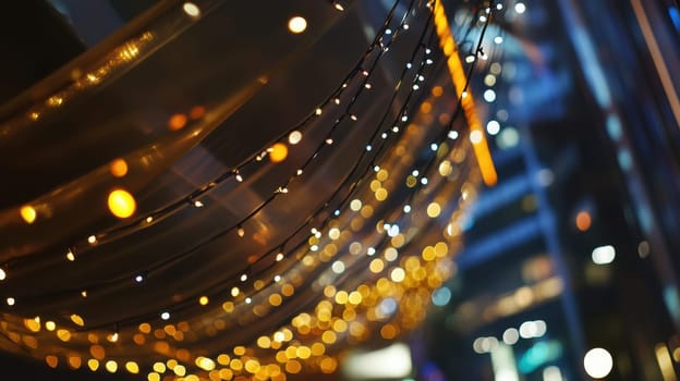 Strings of warm lights create a vibrant atmosphere along the bustling city street enhancing the evenings lively ambiance and charm.