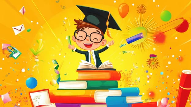 A happy child in a graduation cap stands atop colorful books celebrating with balloons and confetti in a vibrant setting.