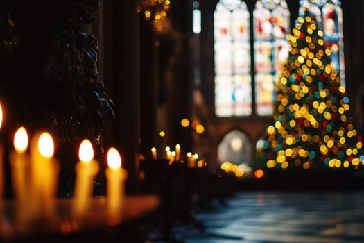 Soft candlelight illuminates a cathedral interior decorated for Christmas featuring a vibrant tree in the background.