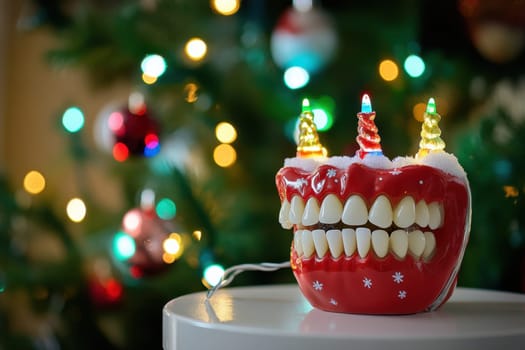 A whimsical teeth decoration with colorful candles sits on a table beside a beautifully decorated Christmas tree with lights.