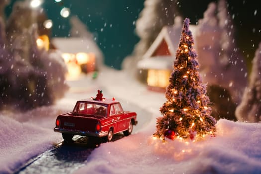 A classic red car drives down a snowy road passing quaint houses adorned with festive lights and a decorated Christmas tree.