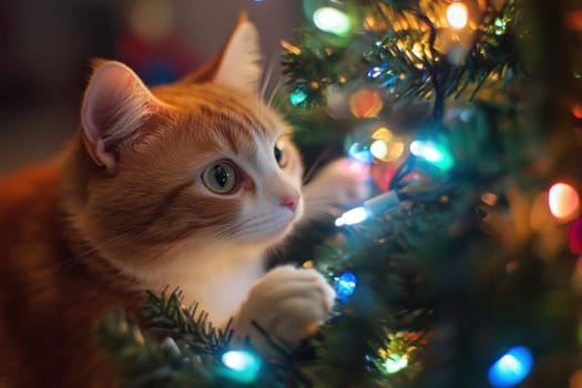 An orange cat inspects colorful lights on a lush Christmas tree showcasing its playful curiosity during the festive season.