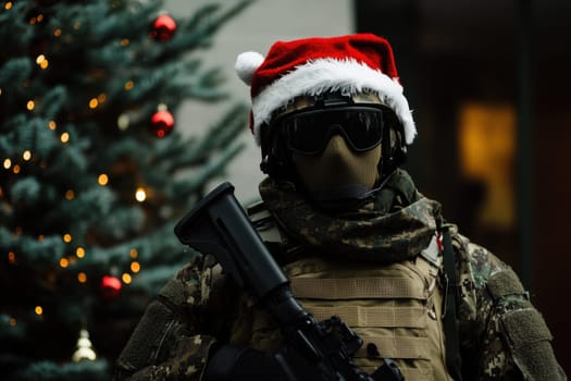 A soldier wearing a Santa hat poses with a weapon beside a beautifully decorated Christmas tree with twinkling lights.