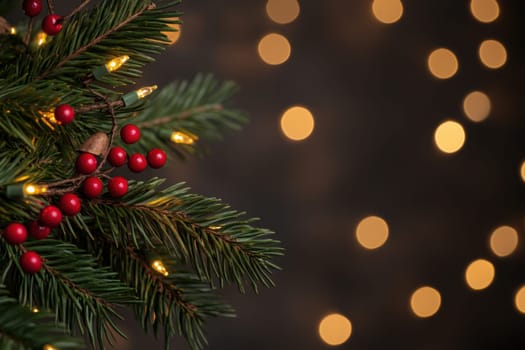 A close up of pine branches featuring decorative berries and soft glowing lights creating a warm holiday atmosphere.