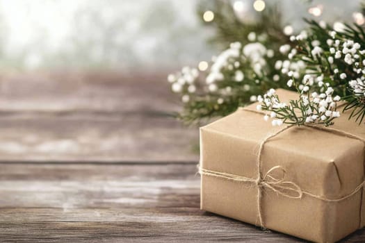 A beautifully wrapped gift box sits on a rustic wooden table adorned with delicate flowers and greenery creating a warm inviting atmosphere.