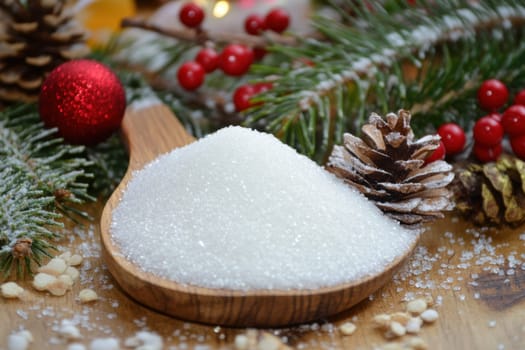 A wooden spoon holds white sugar surrounded by pinecones and red ornaments creating a seasonal atmosphere for holiday celebrations.
