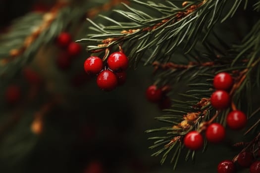 Bright red berries cling to lush green evergreen branches capturing a serene moment in nature during the winter season.