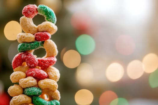 A vibrant stack of holiday snacks showcases red green and yellow colors against a backdrop of twinkling festive lights.