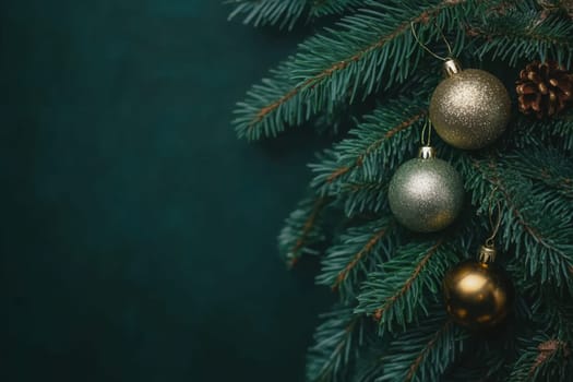 Three sparkling ornaments hang from a lush green fir tree creating a festive atmosphere perfect for the holiday season.