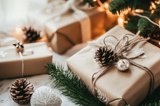 An assortment of elegantly wrapped gifts sits beneath a tree adorned with pinecones and glowing lights creating a festive atmosphere.