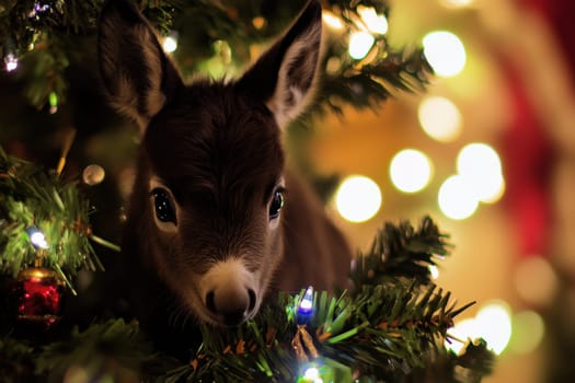 A curious young deer peeks through the decorations of a Christmas tree illuminated by soft colorful lights.